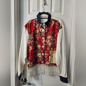 Taylor G. Floral Patchwork Button-Up Shirt with Lace Trim